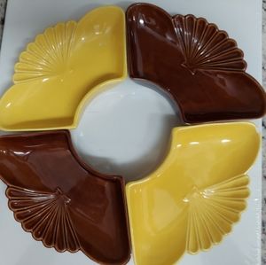 California Pottery Vintage Lazy Susan Chip Dip 4 Dishes Yellow Brown. L-71